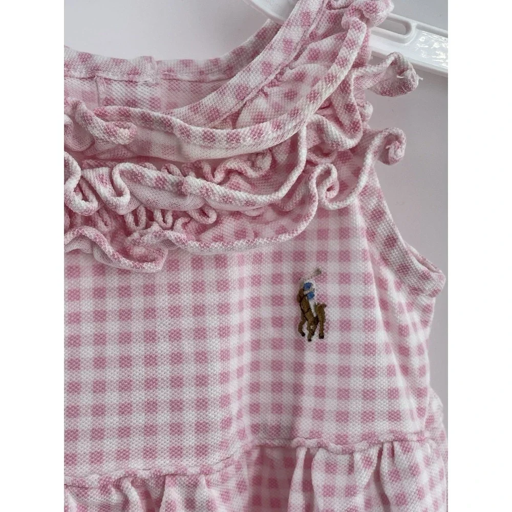 Ralph Lauren Baby Girl 6 Months Pink Plaid Ruffle Romper Easter Spring Summer